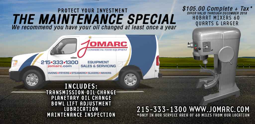 THE MAINTENANCE SPECIAL Jomarc's maintenance special is for Hobart mixers 60 quarts or more. Click here for more details